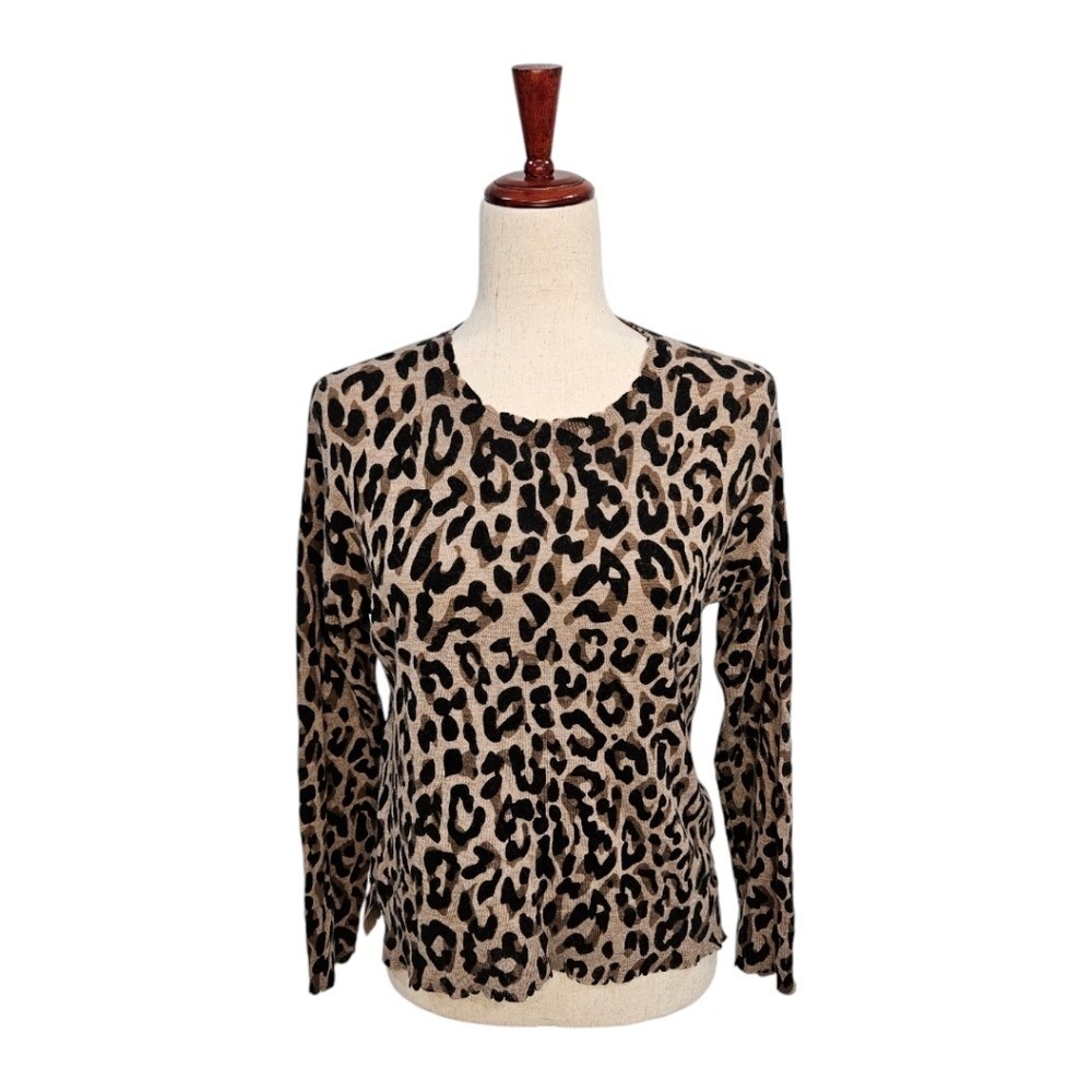 SUNDRY Womens Brown Wool Cashmere Leopard Print Sweater XS Crewneck Animal Print